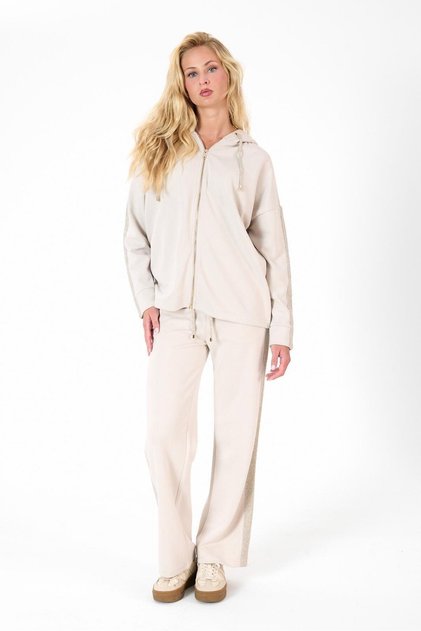 Women's Modal Knitwear Detailed Hooded Zippered Tracksuit Set Beige