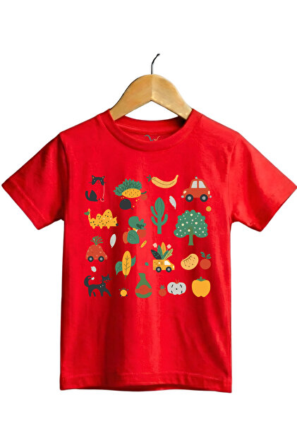 Fun Mix Vegetable, Fruit and Animal Printed Regular Fit 100% Cotton Short Sleeve Children's T-Shirt