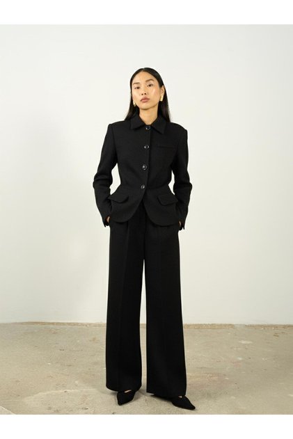 Textured Pleated Palazzo Pants Black