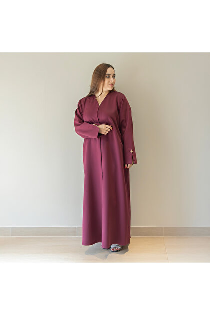 Luxury Maroon Abaya for Women – Elegant V-Neck, Front-Open Style