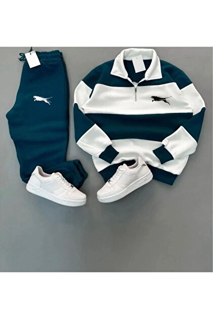 Yeni Sezon Kaplan Baskılı Yarım Fermuarlı Sweatshirt-Eşofman Altı Takım