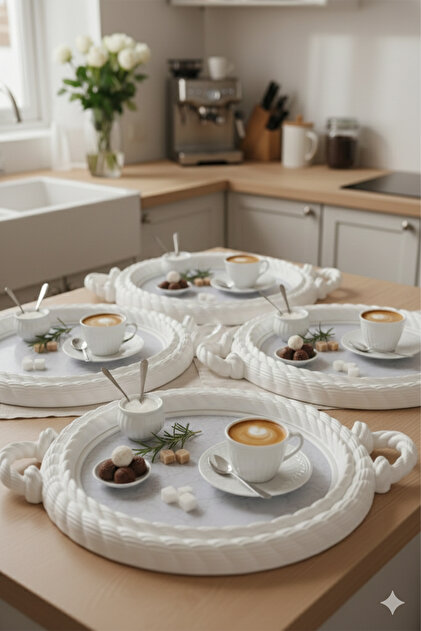 Nevora Knitted Pattern Coffee Serving Tray 4-Piece Set Round White