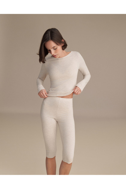 Women's High Waist Capri Leggings Ecru Melange Single Item One Piece Narrow Leg Cotton