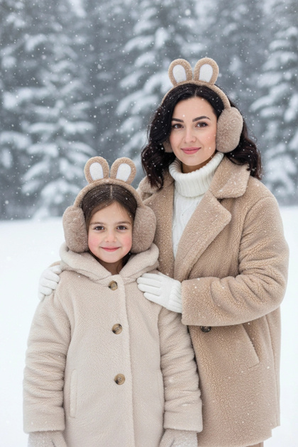 Kız Çocuk Tavşan Kulaklı Peluş Kulaklık – Bej Yumuşak Kışlık Kulak Isıtıcı, Soğuk Geçirmez