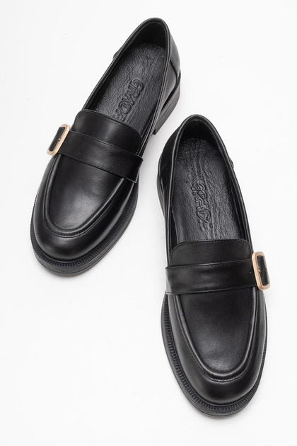 Women's Genuine Leather Black Loafer Shoes Strap-On Loafer Black Organic Leather Casual Modern Moccasin