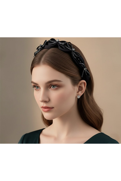 Black stone embroidered satin bow gear crown