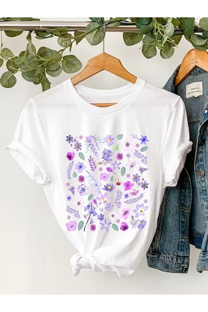 Women's Cotton T-shirt with Multi-Floral Main Color Matching Print