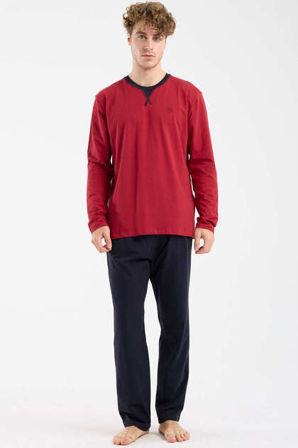 Crew Neck Long Sleeve Pajama Set - Burgundy