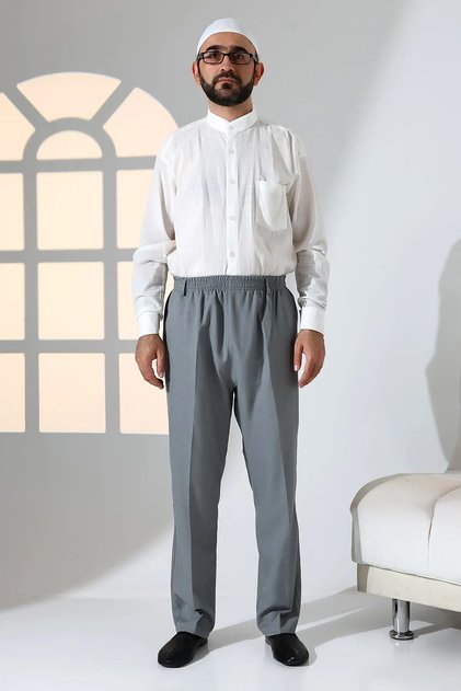 Men's Relaxed Fit Elastic Waist Pocketed Hajj and Umrah Fabric Shalwar Pants - Gray (Isr)