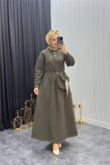 Women's Khaki Gold Buttoned Bag Detailed Full Length Hijab Dress Nms077