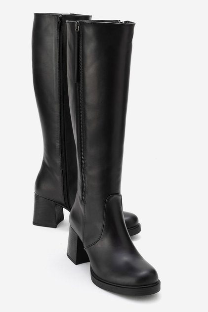 Lensa Black Skin Genuine Leather Zippered Women's Thick Heeled Boots