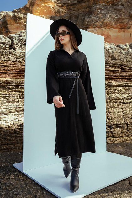 Women's Corded Fabric Polo Neck Knitwear Dress