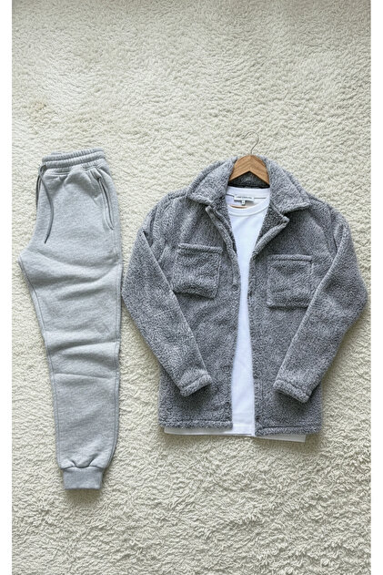 Trend, Men, Gray, Teddy Sherpa, Plush, Fleece, Jacket, Gray, Jogger Pants