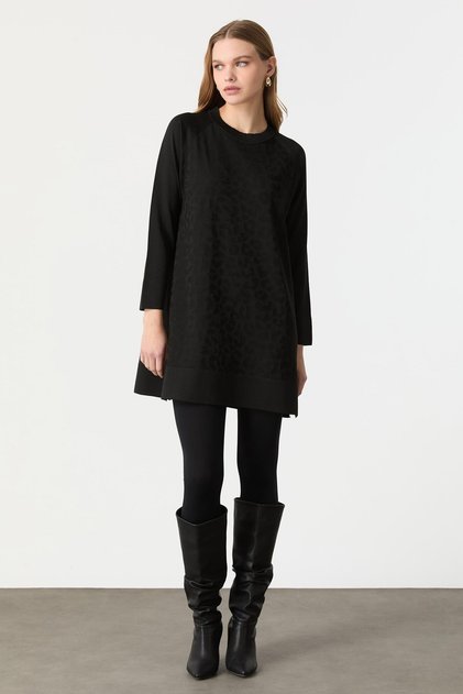 Leopar Desen Triko Tunik-SİYAH