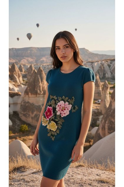 Knitwear Embossed Floral Petrol Blue Dress