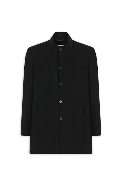Slim Fit Dar Kesim Dik Yaka Cepli Yünlü Klasik Kaban