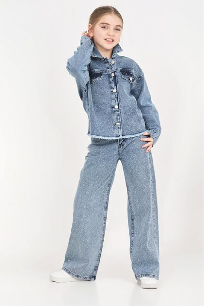 Devojčin jeans kostim - ukrašen kamenčićima (jakna + pantalone) 12452