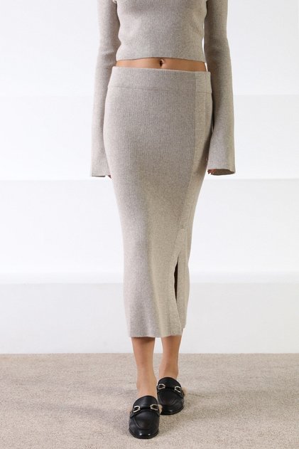 A.Beige Corded Fabric Cashmere Side Slit Women's Knitwear Skirt