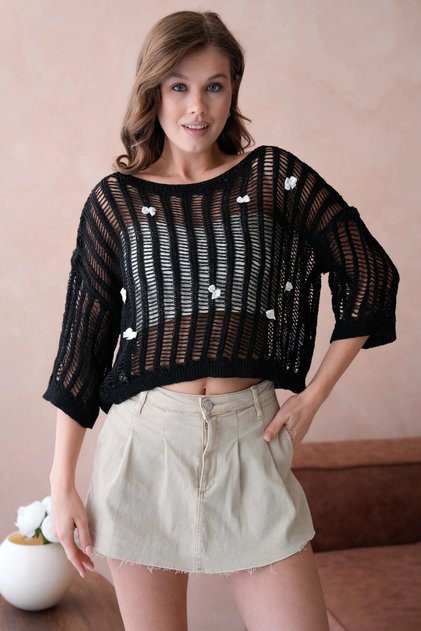 Women's Boat Neck Knit Detail Lace-Like Knit Knitwear Sweater 8277Sw