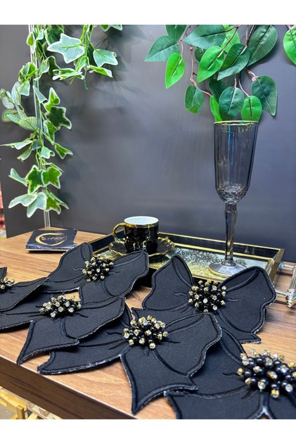 Black Bow Stone Decorated 6-Piece Presentation Napkin, Cocktail Napkin with Brooch