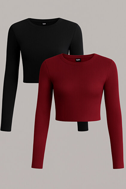 2 Pcs Women's Ribbed Crew Neck Ribbed Knit Cropped Blouse
