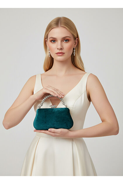 clutch bag for green dress Biçanta Silver Stone Handle Detailed Luxury Wavy Velvet Women's Evening Wedding Engagement Graduation clutch for green dress