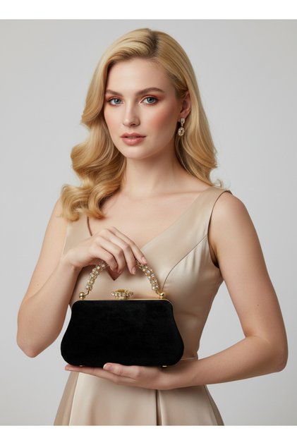 Black Gold Stone Handle Detailed Luxury Wavy Velvet Women's Evening Dress Bag Wedding Engagement Graduation