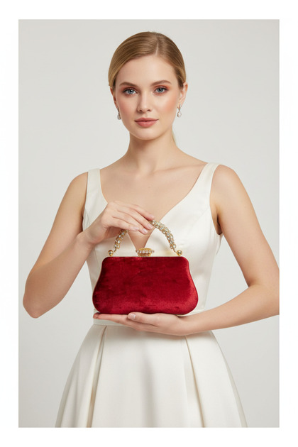 Burgundy Gold Stone Handle Detailed Luxury Wavy Velvet Women's Evening Dress Bag Wedding Engagement Graduation