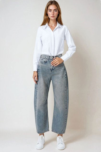 Women's Green Tinted Blue 5-Pocket Wide Leg Jeans with Stitching Detail