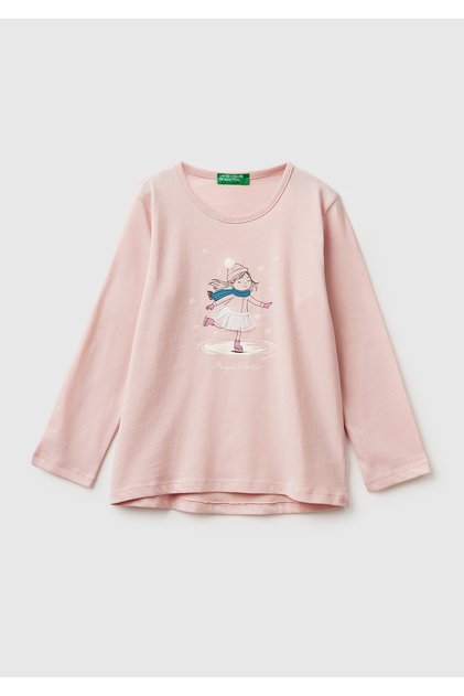 Girl's dusty pink long sleeve t-shirt with crew neck and high low hem