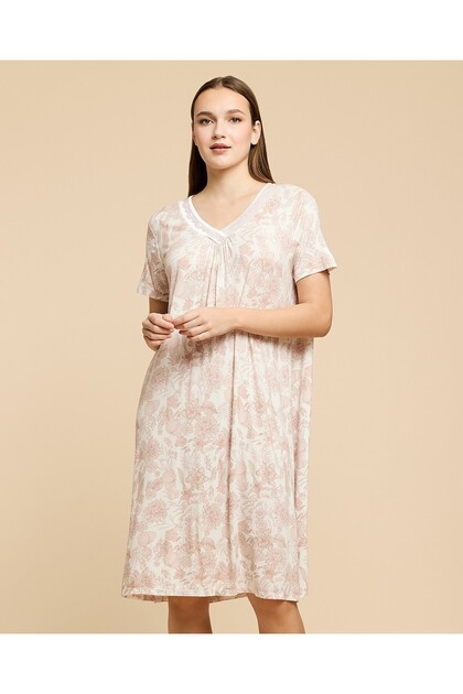 Printed Nightdress With V-Neck And Short Sleeves