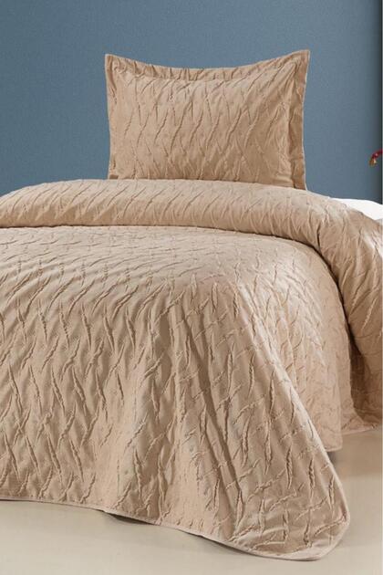 Çeyiz Diyarı Zara Einzelbett-Luxus-Tagesdecke aus Samt in Beige