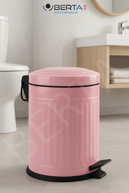 Vintage Pembe Çöp Kovası Amortisörlü Kapak Çizgili Lüks Model 5lt