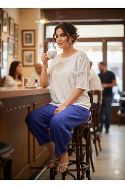 Women's 100% Linen Fabric Mesh Pocket Trucker Sleeve Blouse and Mesh Detailed Tassel Trousers 2-Piece Combination with Surprise Bracelet Gift