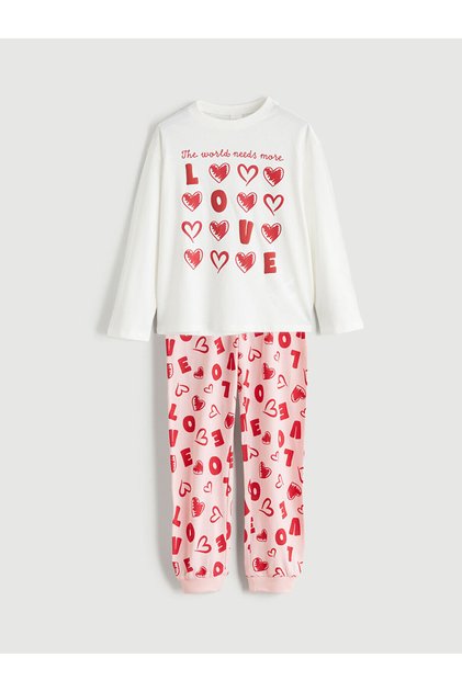 Ecru Crew Neck Girl's Pajama Set