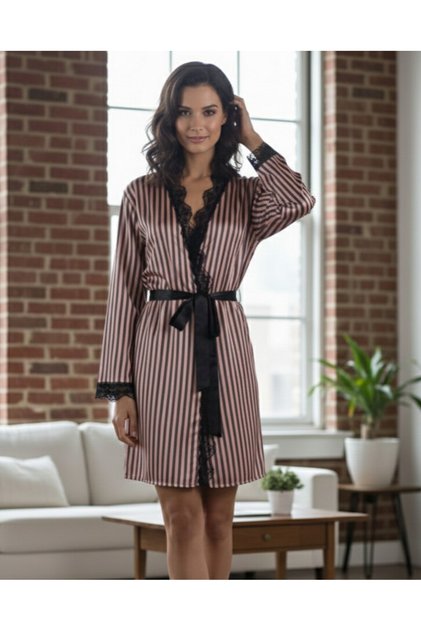 Women's Satin Line Patterned Lace Detailed Stylish and Comfortable Satin Dressing Gown