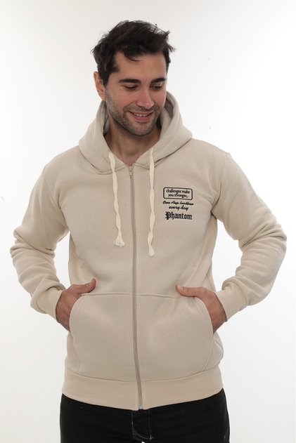 Men's Beige Full Zippered K Hooded Cotton Sweatshirt with Fleece Inside