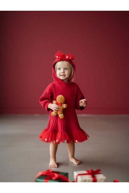 Baby Girl Cotton Hooded Pompom Detailed Flared Dress