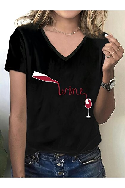 V-Neck Short Sleeve Wine Printed Regular T-Shirt Relaxed Fit
