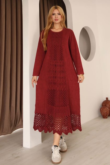 Women's Burgundy Long Sleeve Vintage Loose Cotton Knit Dress