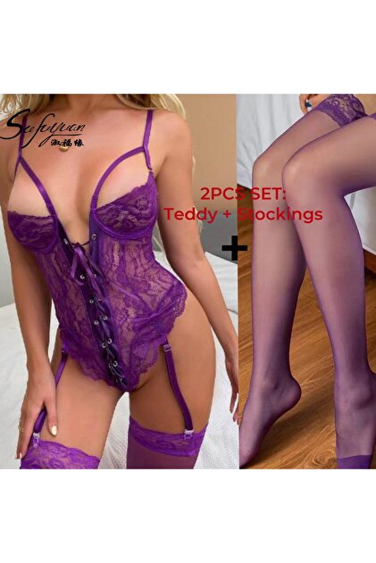 Sthxyfaith Womens Sexy Lingerie Set with Garter Belt Lace Bodysuit Teddy  Baby Dolls Panty with Stockings M- Trendyol