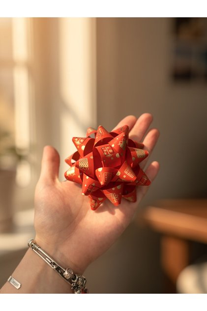 Red Bow Star Ornament Gift Package Decoration Set of 10 - Raffia Adhesive 9cm