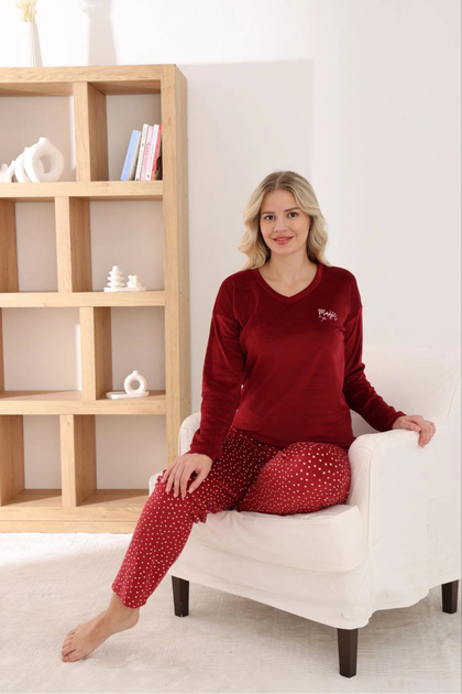 Women's French Fabric V-Neck Polka Dot Burgundy Pajama Set