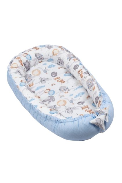 Cosulet patut bebe tip baby nest din bumbac 90x50 cm, cu doua fete Tiny Adventures, albast...