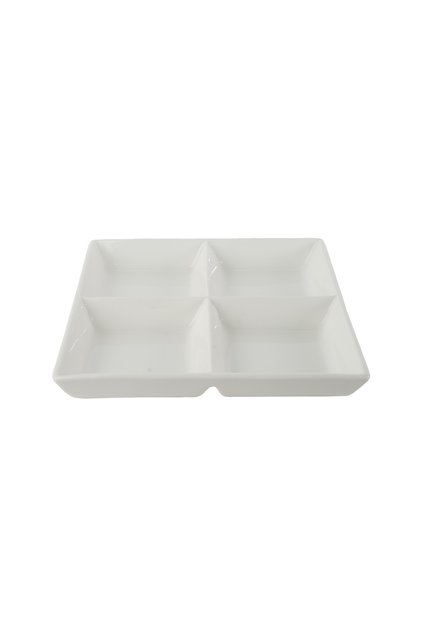 White square porcelain serving dish divided into 4 sections