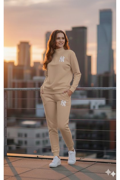 Unisex Premium Fabric Printed Half-Zip Beige Top and Bottom Tracksuit Set - Comfortable Wear