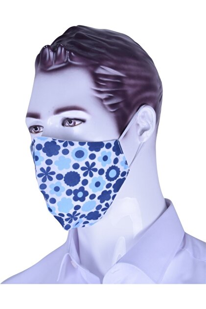 Ottomoda Unisex Mavi Çiçekli Desenli Yıkanabilir Maske - 1