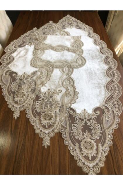 French Laced Ecru Color Luxury Velvet 5 Piece Living Room Set