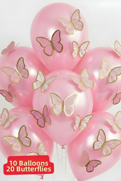 10 Pieces of Bright Pink Balloons with 20 Pink Adhesive Butterflies Birthday Balloons Butterfly Balloon
