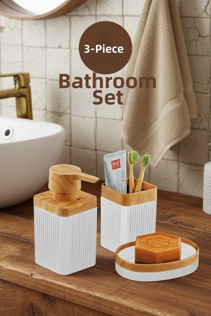 3 Piece Wooden Patterned Bohemian Style Bathroom Set White (Liquid Soap Dispenser, Solid Soap Dispenser, Toothbrush Holder)